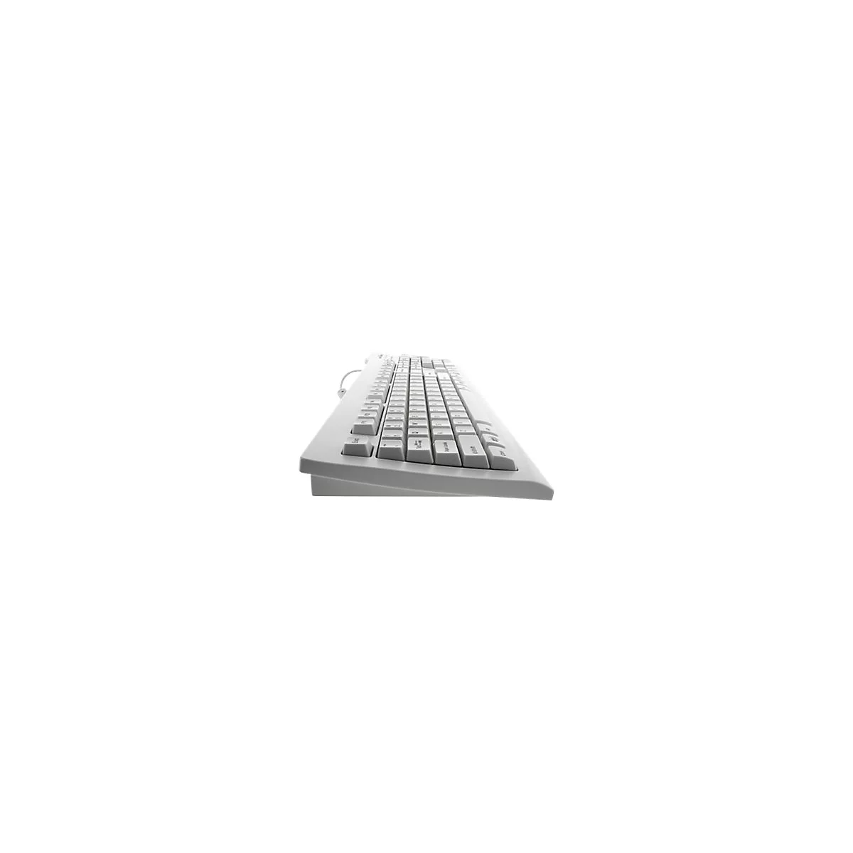 Graue Computertastatur, seitlich in Perspektive aufgenommen. Tastenbeschriftung ist zu erkennen. Kabelanschluss sichtbar.