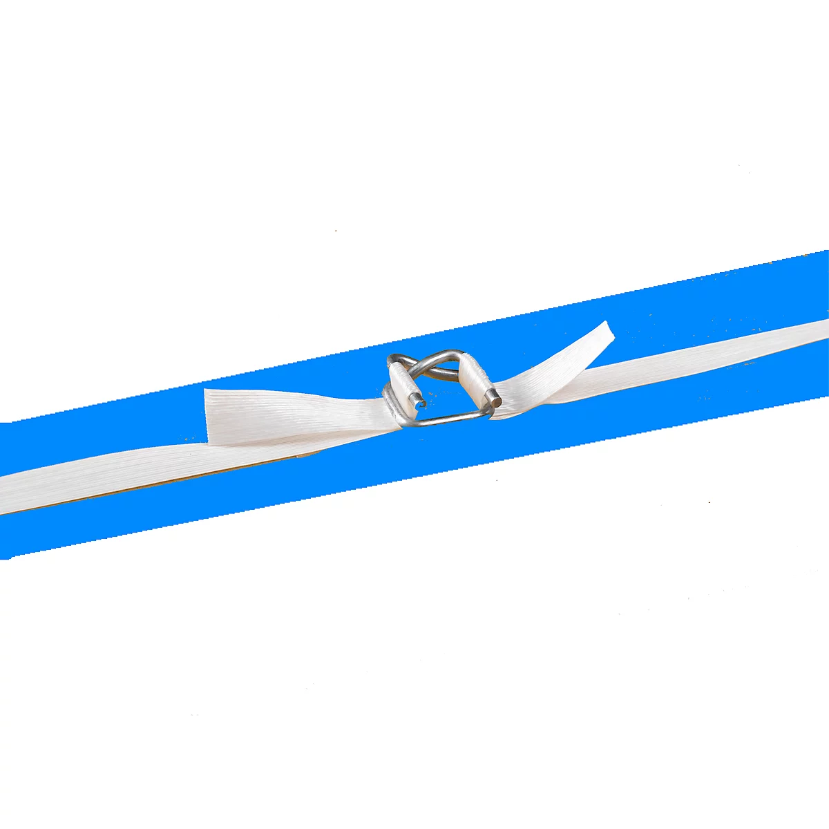 White packaging tape with metal closure on a blue background.