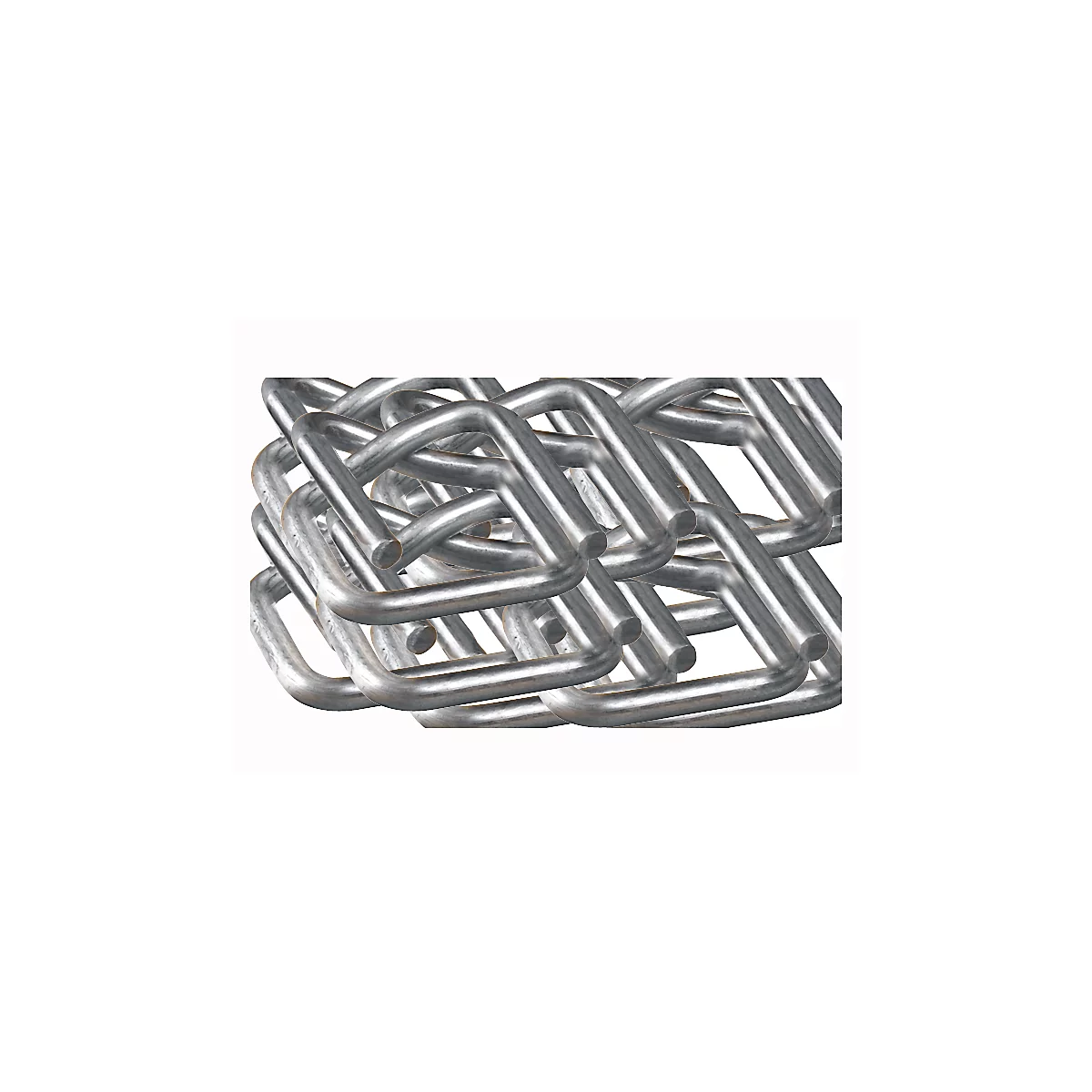 Close-up of many metallic, square wire loops, interlocking with each other.