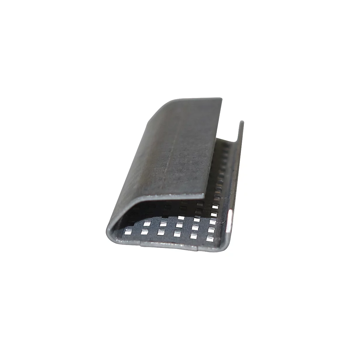 Metal closure, partially open. The surface has a slightly rough texture. There are many small rectangular holes on the underside.