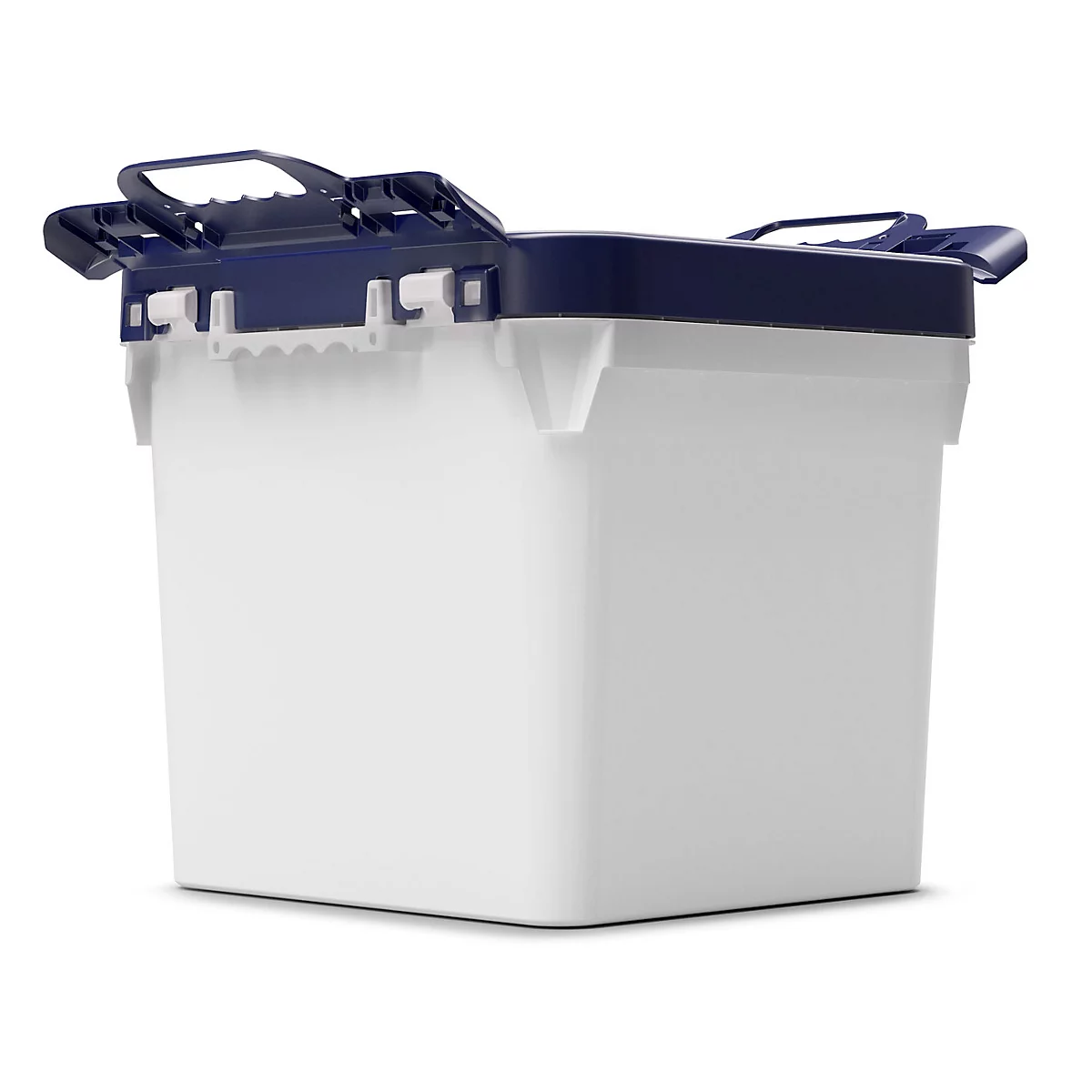 Boîte de rangement blanche avec un couvercle et des poignées bleus. Le couvercle est fermé.