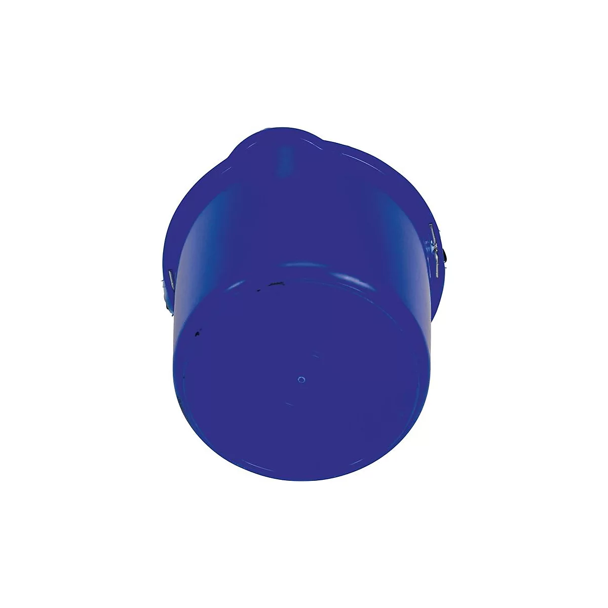 Bac bleu rond en plastique, vu d'en bas. Le bord supérieur est en creux.