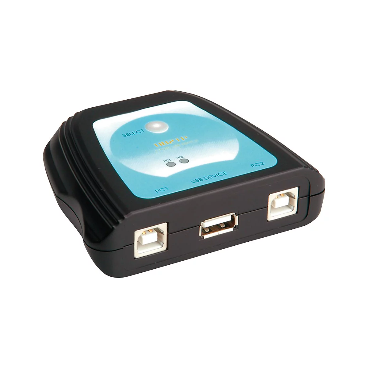 Schwarzer USB-Switch mit blauer Platte und weiÃŸen SchriftzÃ¼gen. Drei USB-AnschlÃ¼sse.