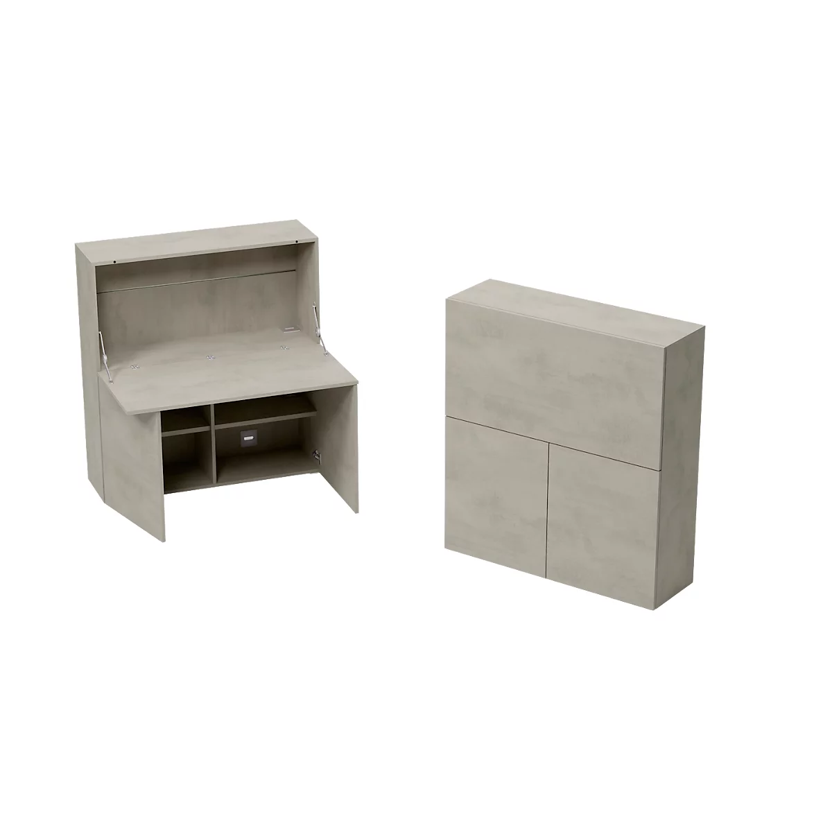Secrétaire de bureau à domicile, plateau L 1200 x H 600 mm, sorties de câbles/rail système/compartiment pliable, L 1200 x P 380 x H 1320 mm, bois, Gris céramique