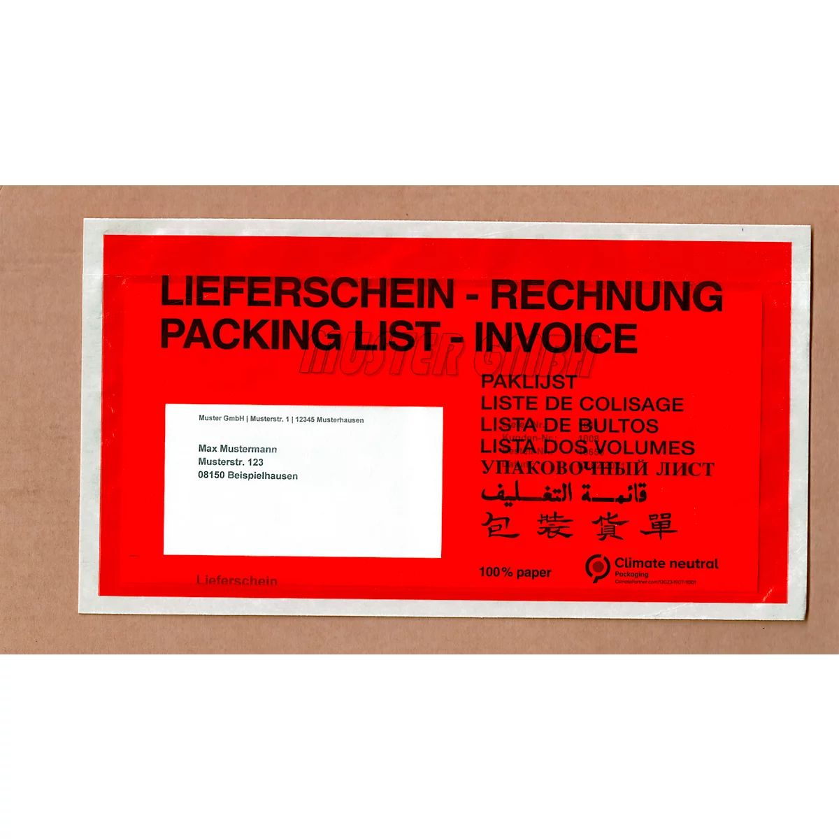 SecurePack papieren documentenhoesje/afleverhoesje, DIN lang, venster links, met opdruk, zelfklevend, 100% recyclebaar glaspapier, rood, 250 stuks