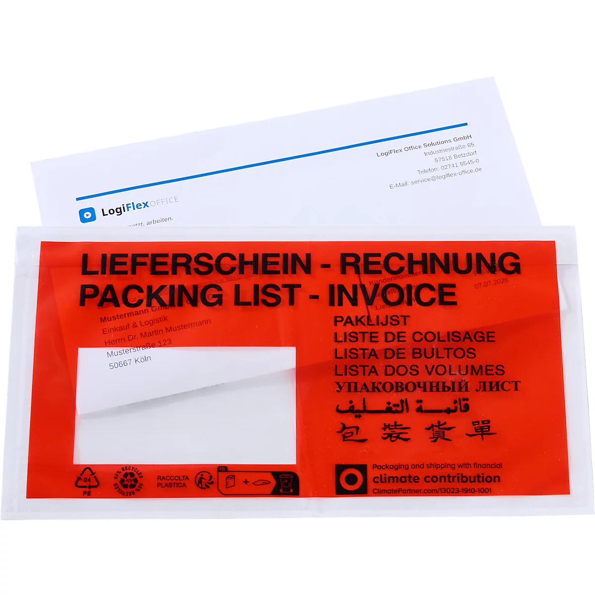 Paklijstenveloppe met meertalige opdruk, inclusief bedrijfsbriefpapier.