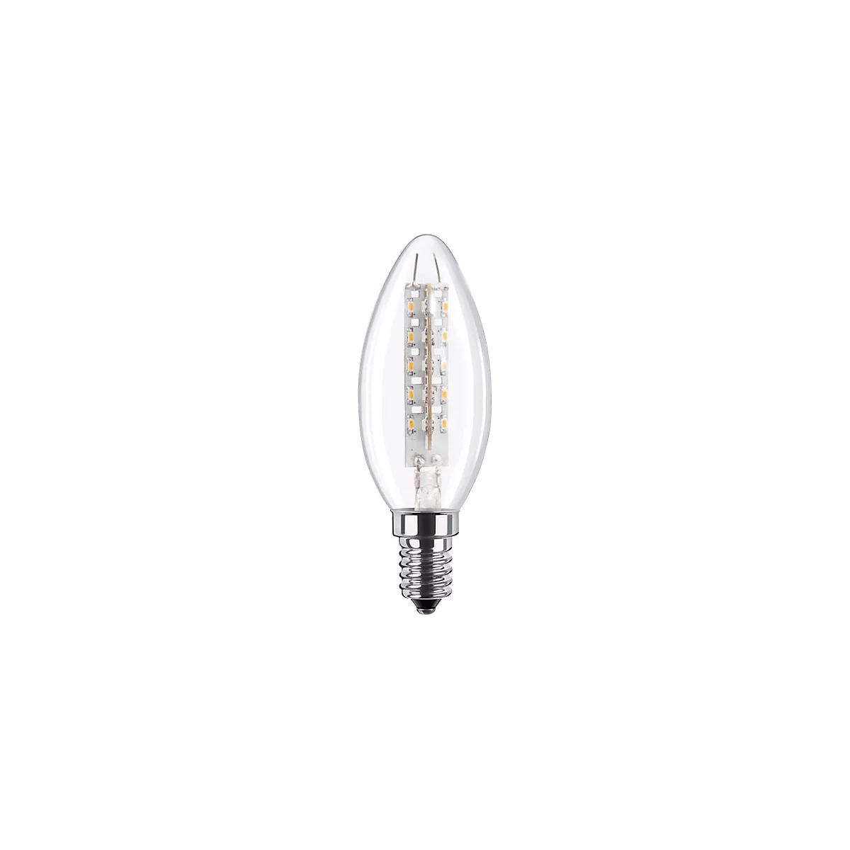 Transparente LED-Kerzenlampe mit E14-Sockel und sichtbaren LED-Elementen auf weißem Hintergrund.