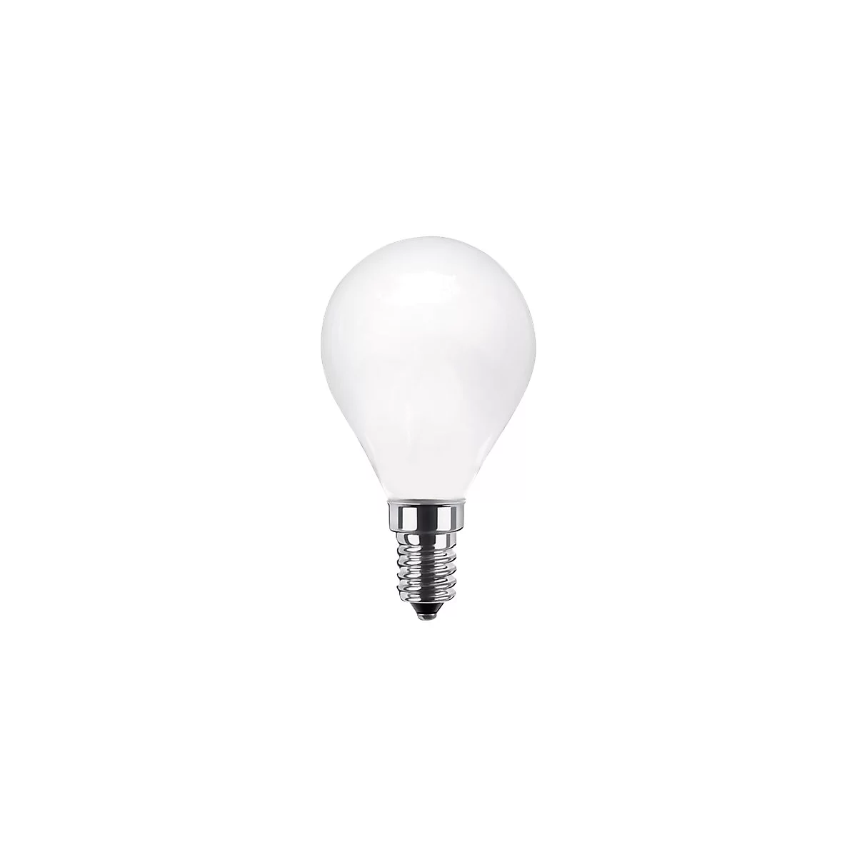 Tropfenförmige, matte LED-Glühbirne mit E14-Schraubsockel vor weißem Hintergrund.