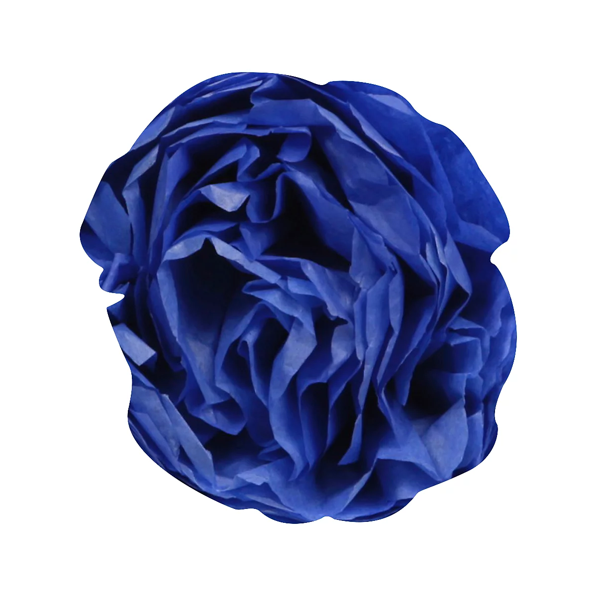 Eine Nahaufnahme einer blauen Papierblüte mit gewellten Blütenblättern.