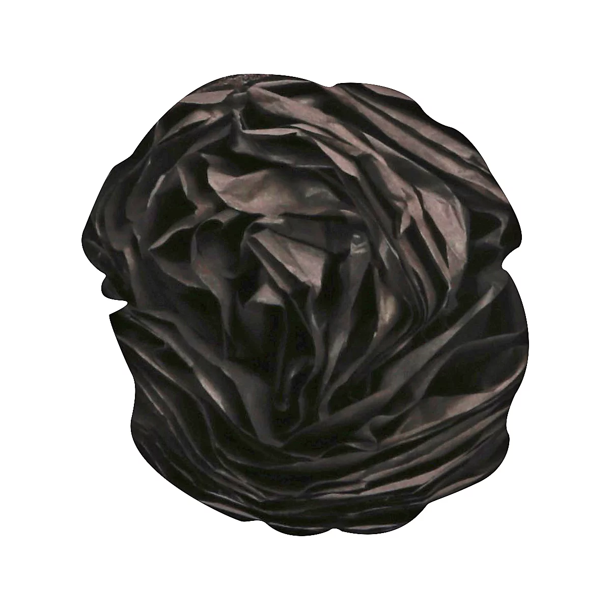 Dunkle, zerknitterte Stoffblume vor weissem Hintergrund.