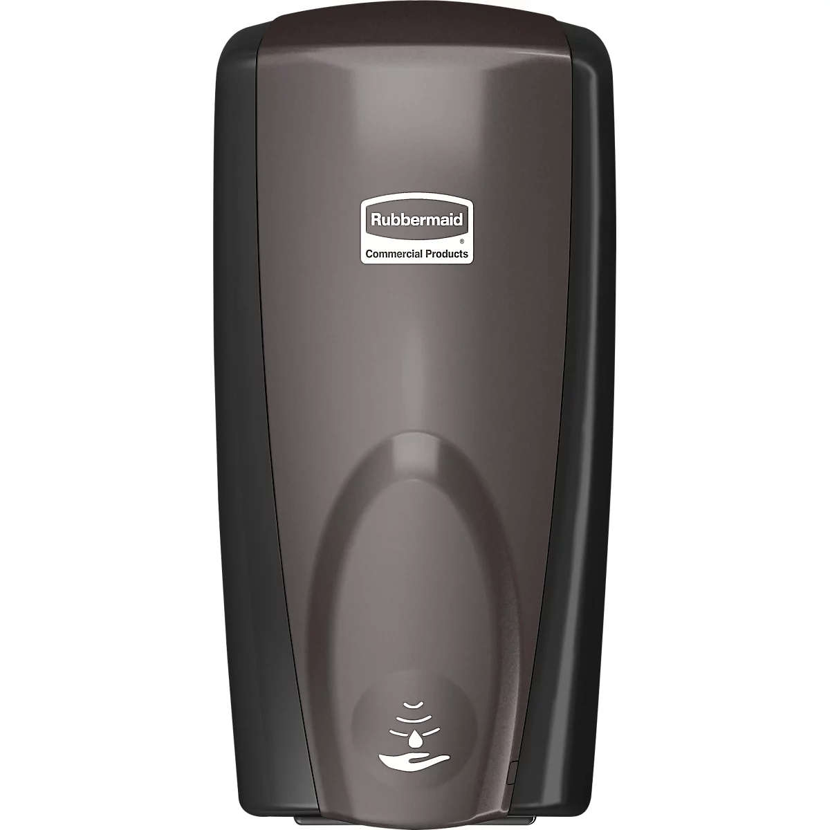 Dunkelbrauner, rechteckiger Seifenspender mit dem Logo "Rubbermaid Commercial Products". Unten ist ein Sensor mit Tropfen und Hand abgebildet.