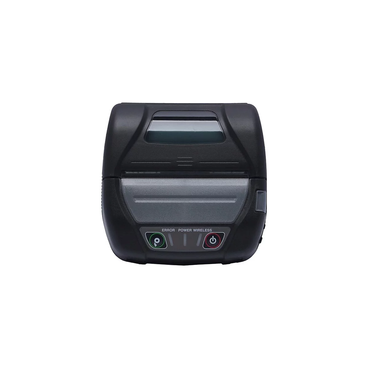 Schwarzer mobiler Drucker mit grauen Akzenten. Oben befindet sich ein Fenster, darunter Bedienfelder. Aufschrift: Error, Power, Wireless.