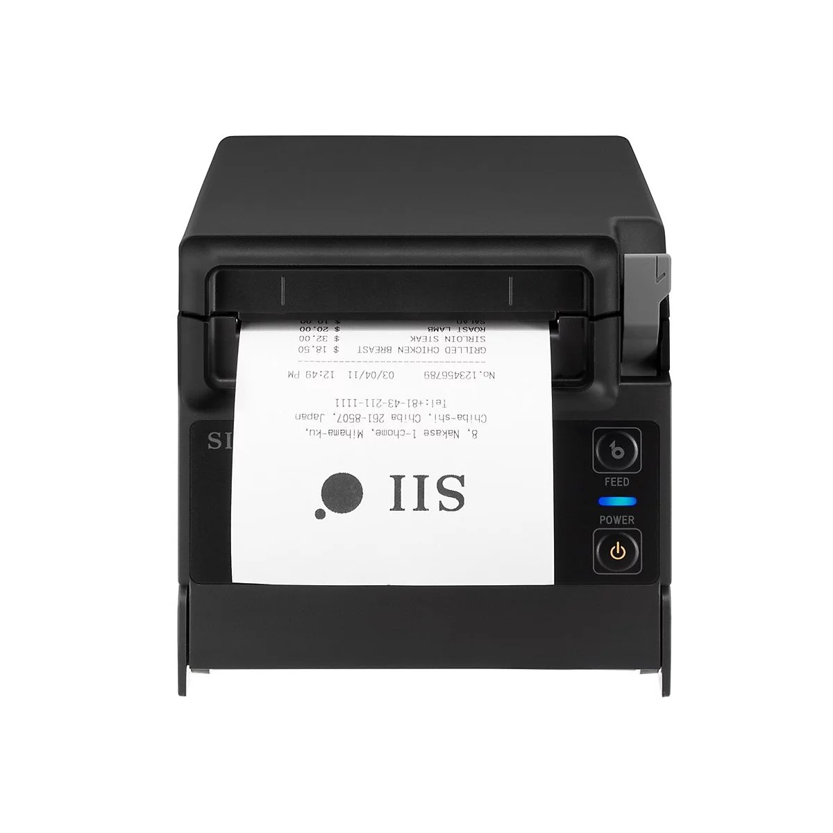 Imprimante de reçus noire avec reçu papier. Le reçu indique les prix et la date. En bas à droite se trouvent le bouton d'alimentation et un bouton d'alimentation.