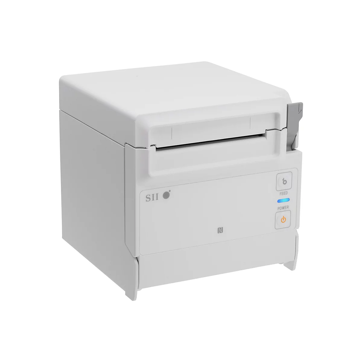 Weißer Thermodrucker, Frontansicht, „SII“-Logo, Tasten, blaue Power-Anzeige, NFC-Symbol.