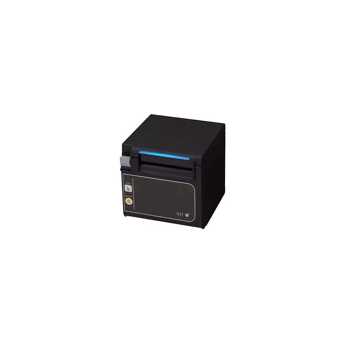 Schwarzer Drucker mit blauer Leuchte. Auf der Front: Feed, On/Off Knöpfe und SII Label.
