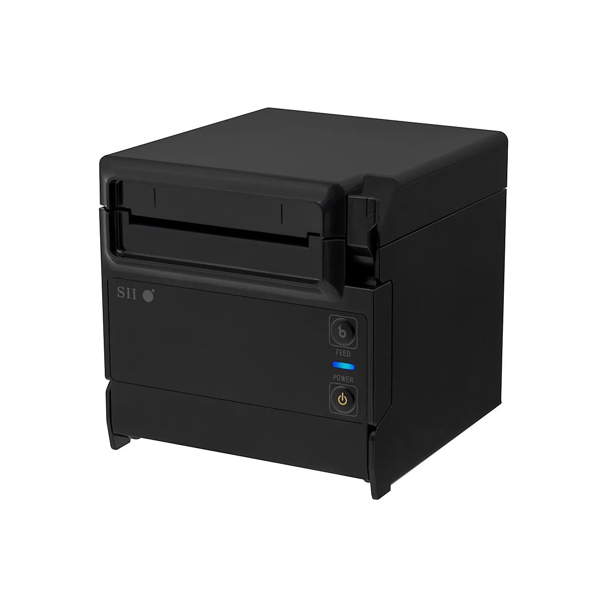 Schwarzer Drucker mit grÃ¼nen und blauen Anzeigen. Oben mittig ein Schacht. Auf der Vorderseite S11 und zwei KnÃ¶pfe.