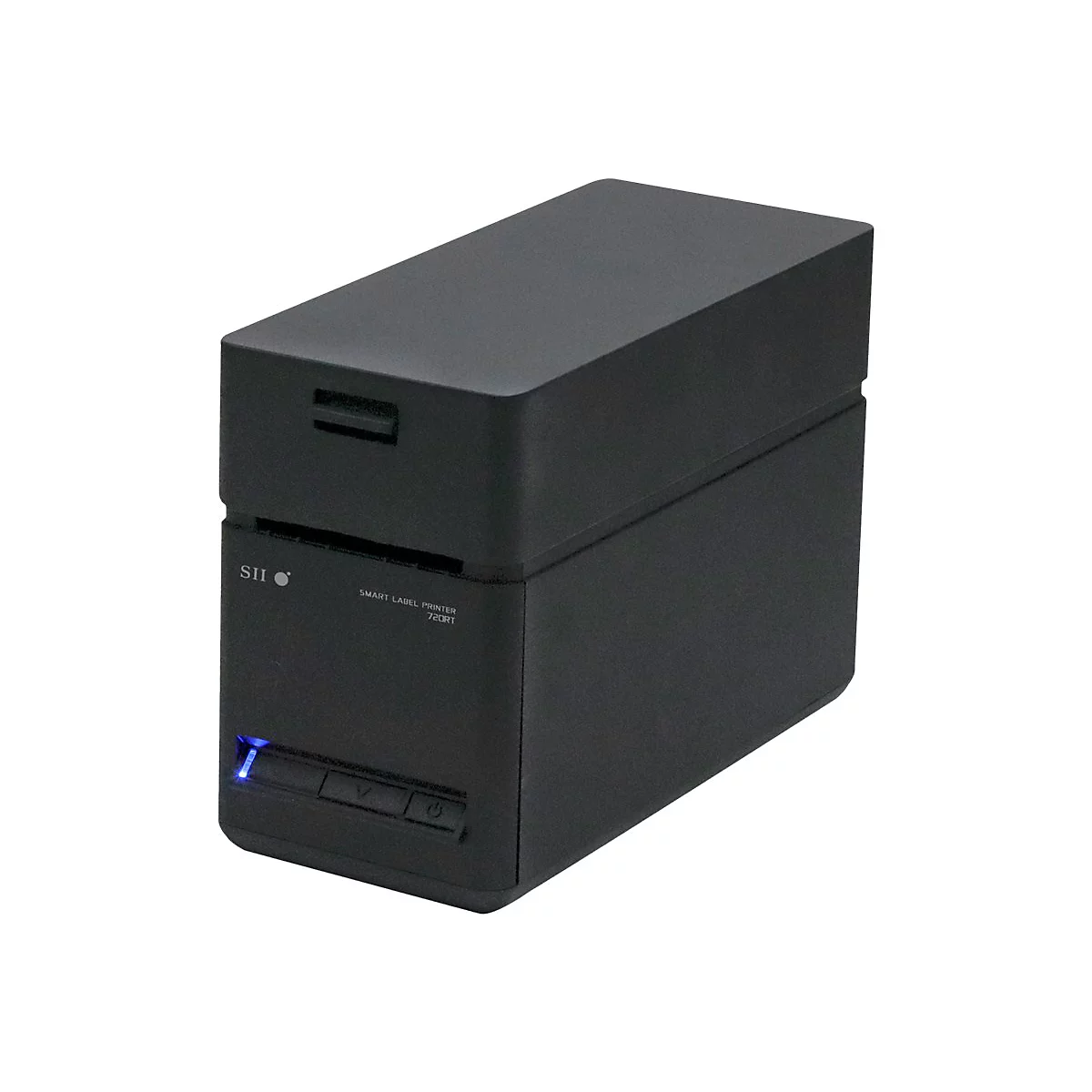 Imprimante d'étiquettes noire sur fond blanc. Impression : SII, Smart Label Printer 720RT. Boutons en bas.