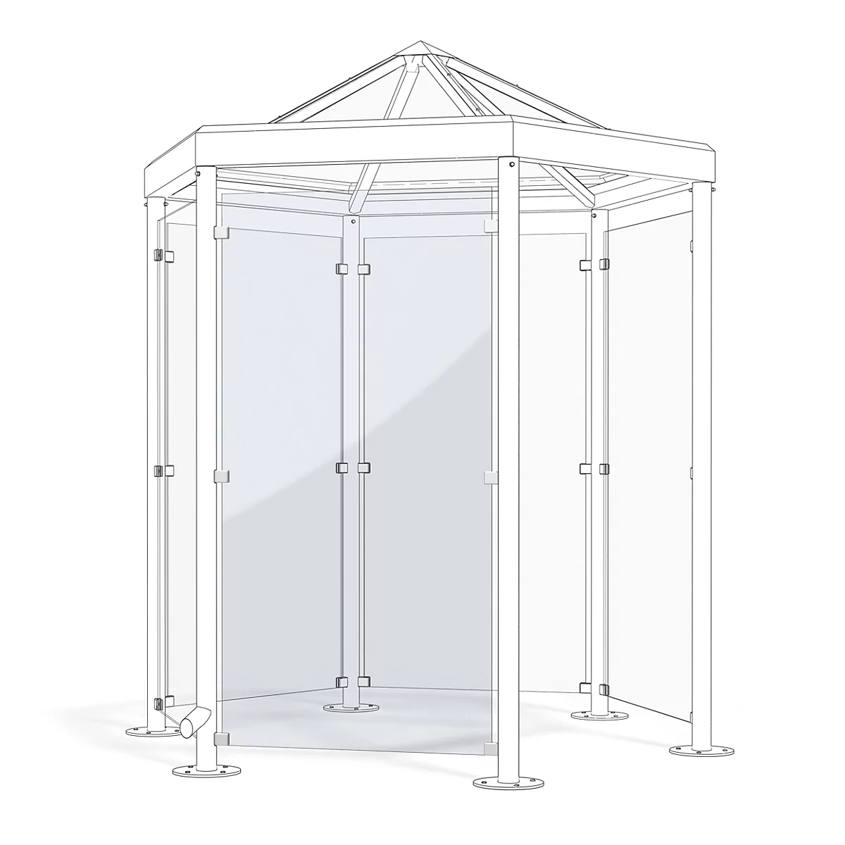 Ein sechseckiger Pavillon-Entwurf mit Glaswänden, Stützpfeilern und spitzem Dach.