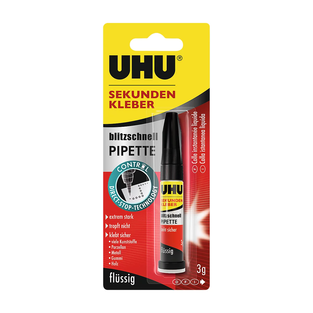 Sekundenkleber UHU Blitzschnell Control, 3 g, extrem haftstark, in standfester Pipette