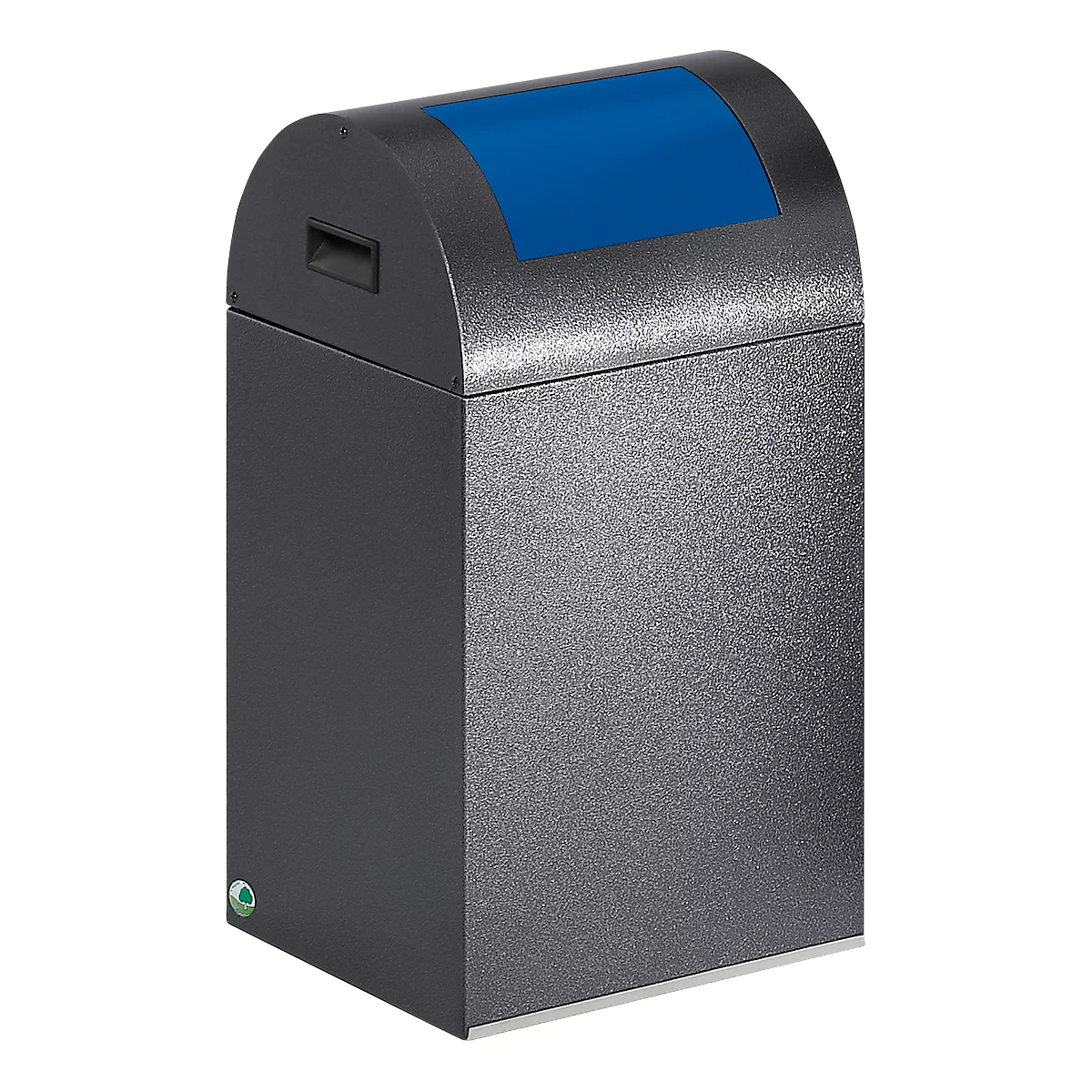 Dark grey trash can with blue lid, angular design, and handle. Minimalist, clean.