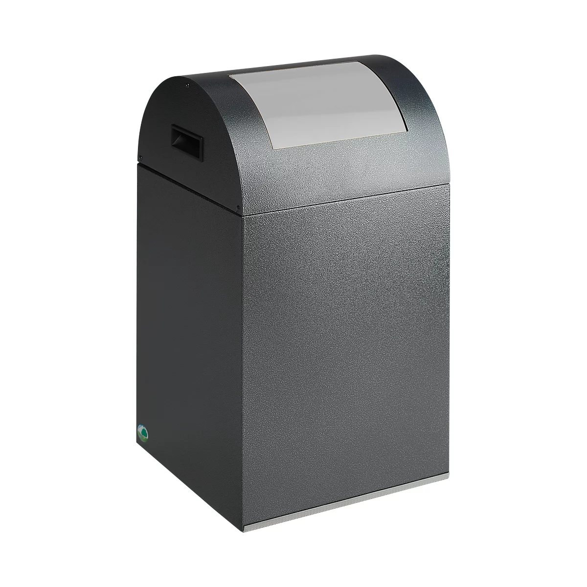 Black waste container with a rounded lid and viewing window. A small slot can be seen on one side.