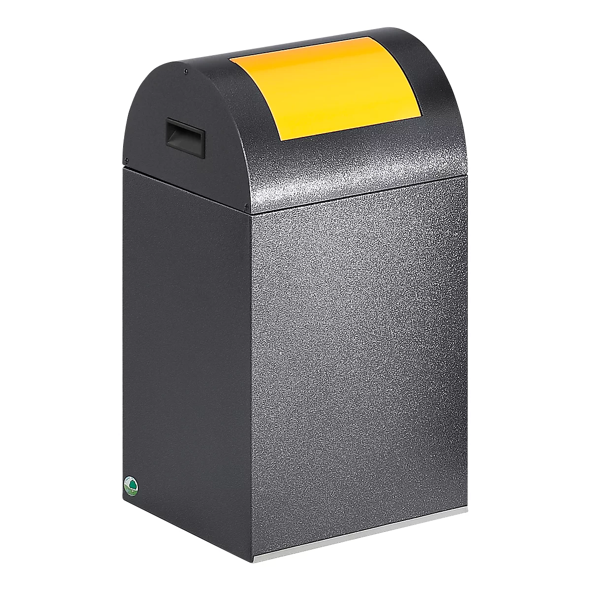Black trash can with yellow lid. The container has a rounded top and a rectangular shape.