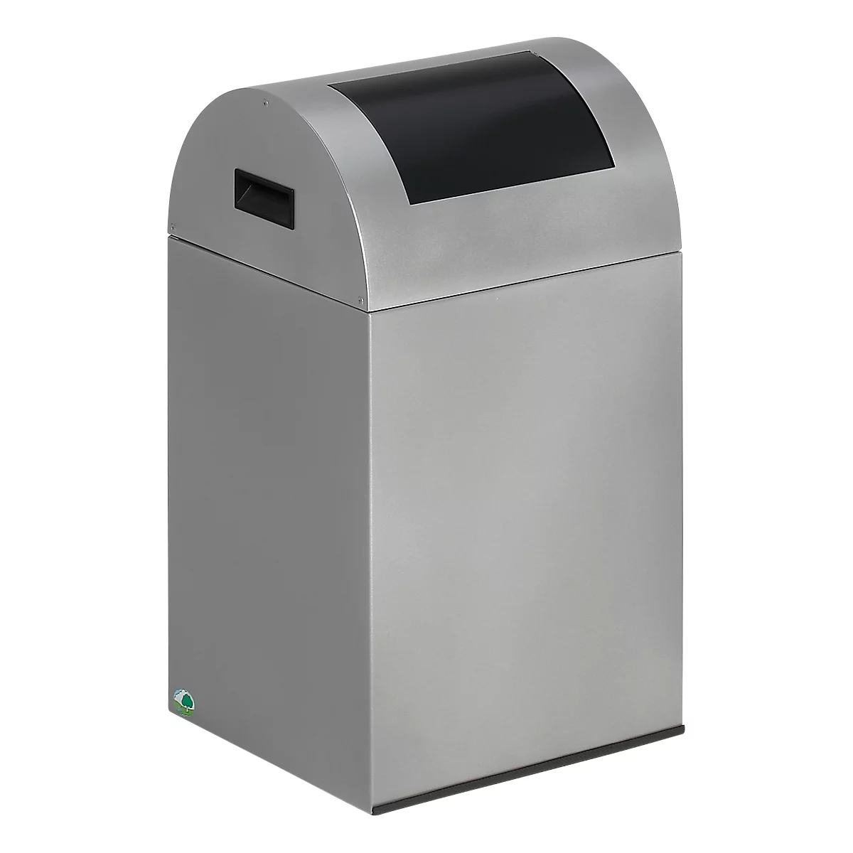 Gray trash can with black top and handle.