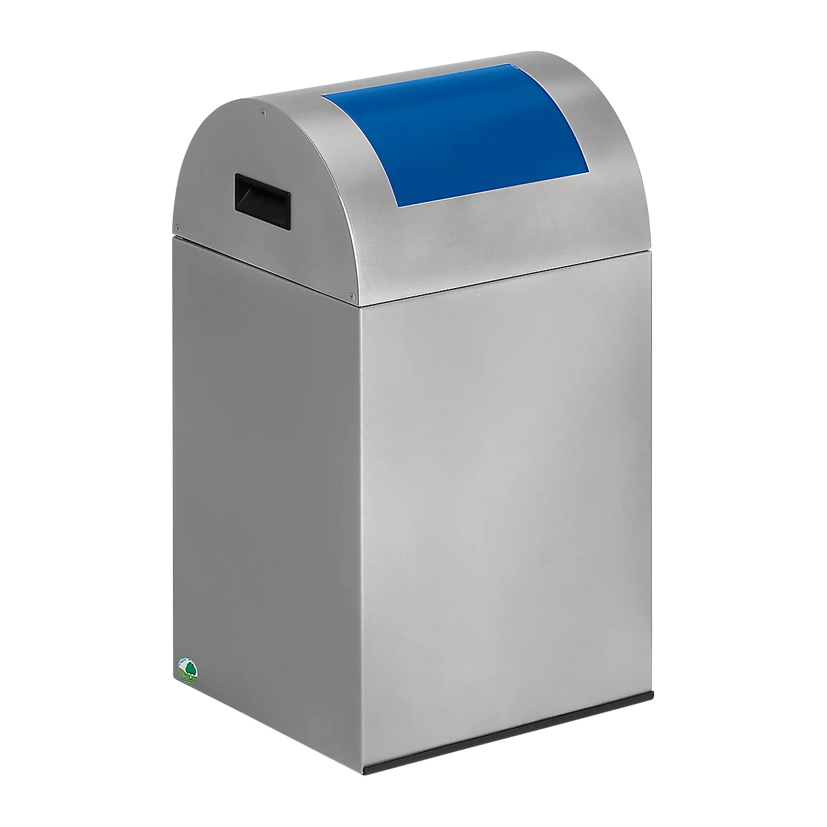Stainless steel trash can with blue lid. The container has a rounded top shape and a black handle.