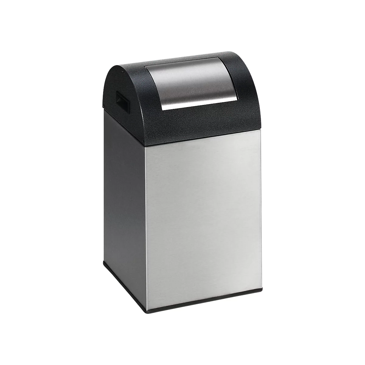 A rectangular, silver trash can with a black lid. An opening with a flap on top.
