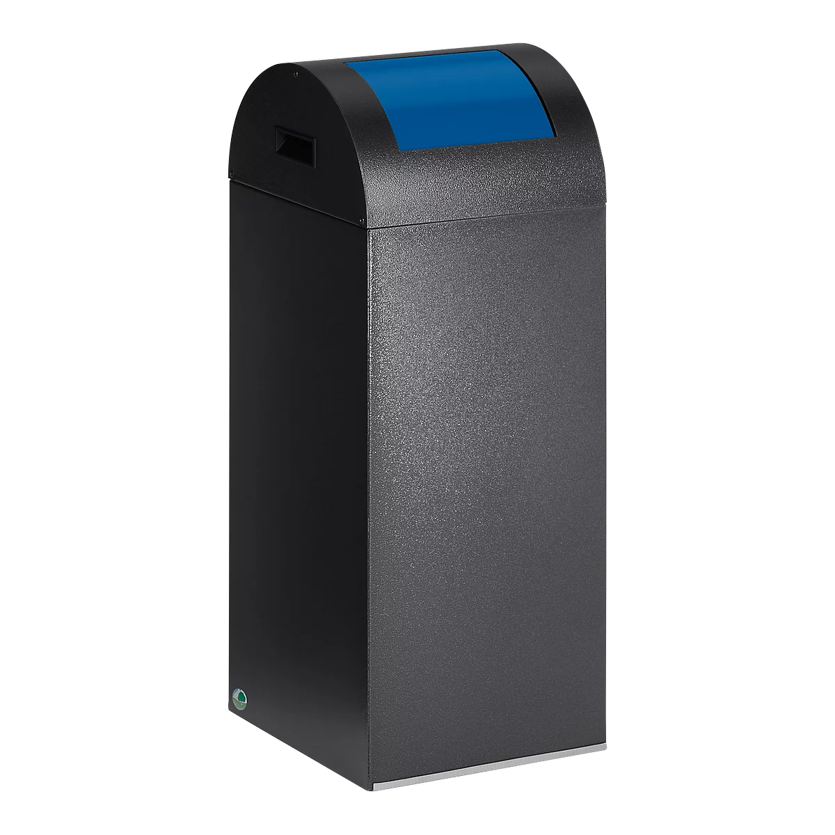 Black waste container with blue lid. The container is rectangular with a rounded top.