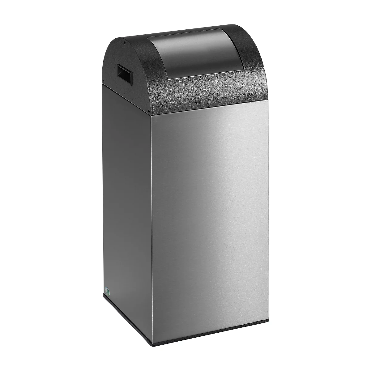 Stainless steel trash can, black lid with opening.