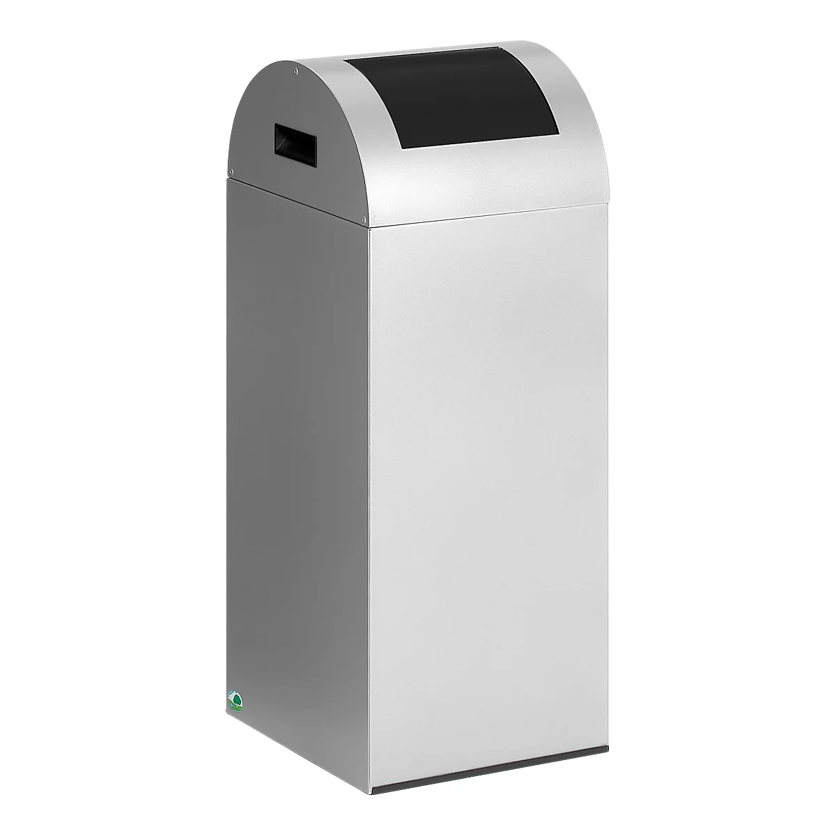 Silver trash can with black slot.