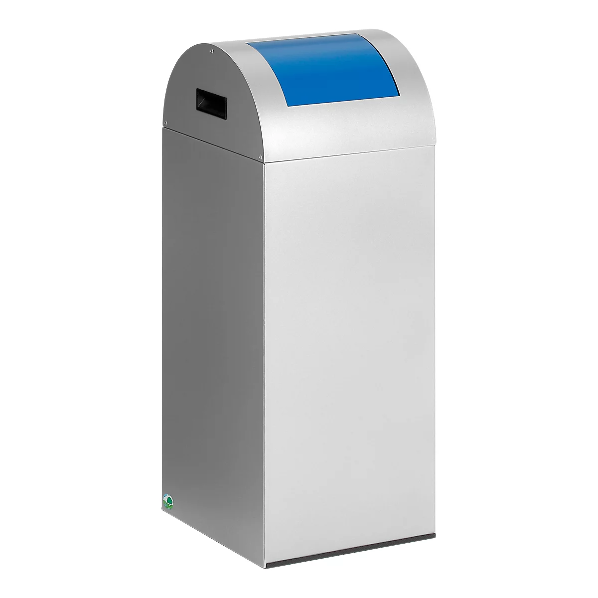 Silver trash can with blue lid. Rounded top, with opening. Upright, smooth, for indoor use.