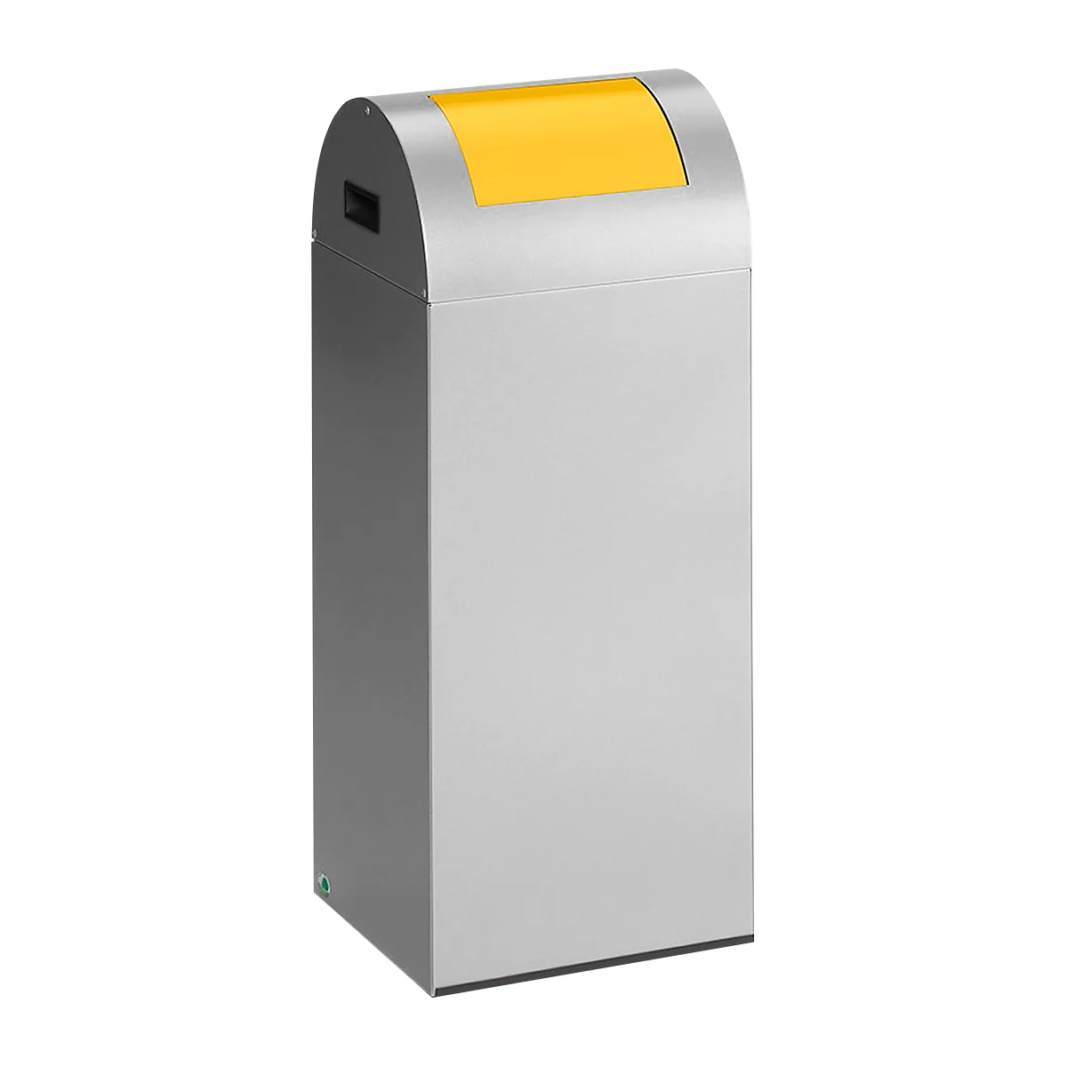 Silver trash can with a yellow lid. The lid is arched. There is a slot for waste at the top.