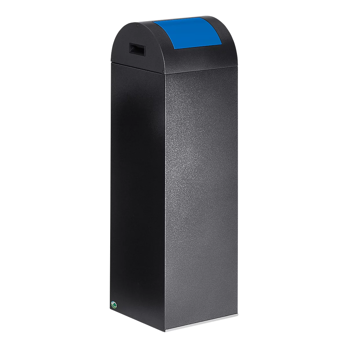 Black waste bin with blue lid. It has a rectangular shape with a rounded top and a slot for waste.
