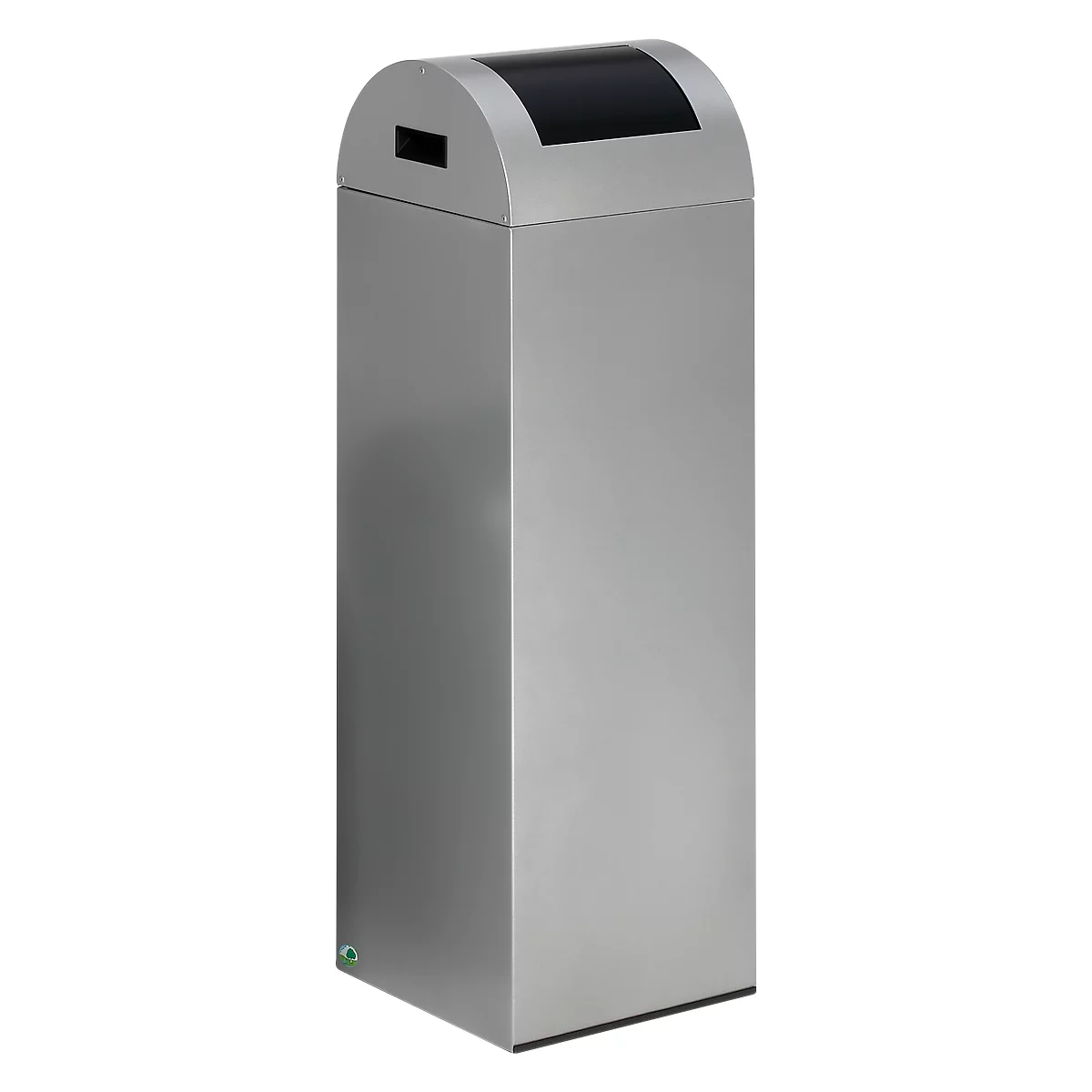 Silver, rectangular trash can with black lid and slot. The bin is standing upright.