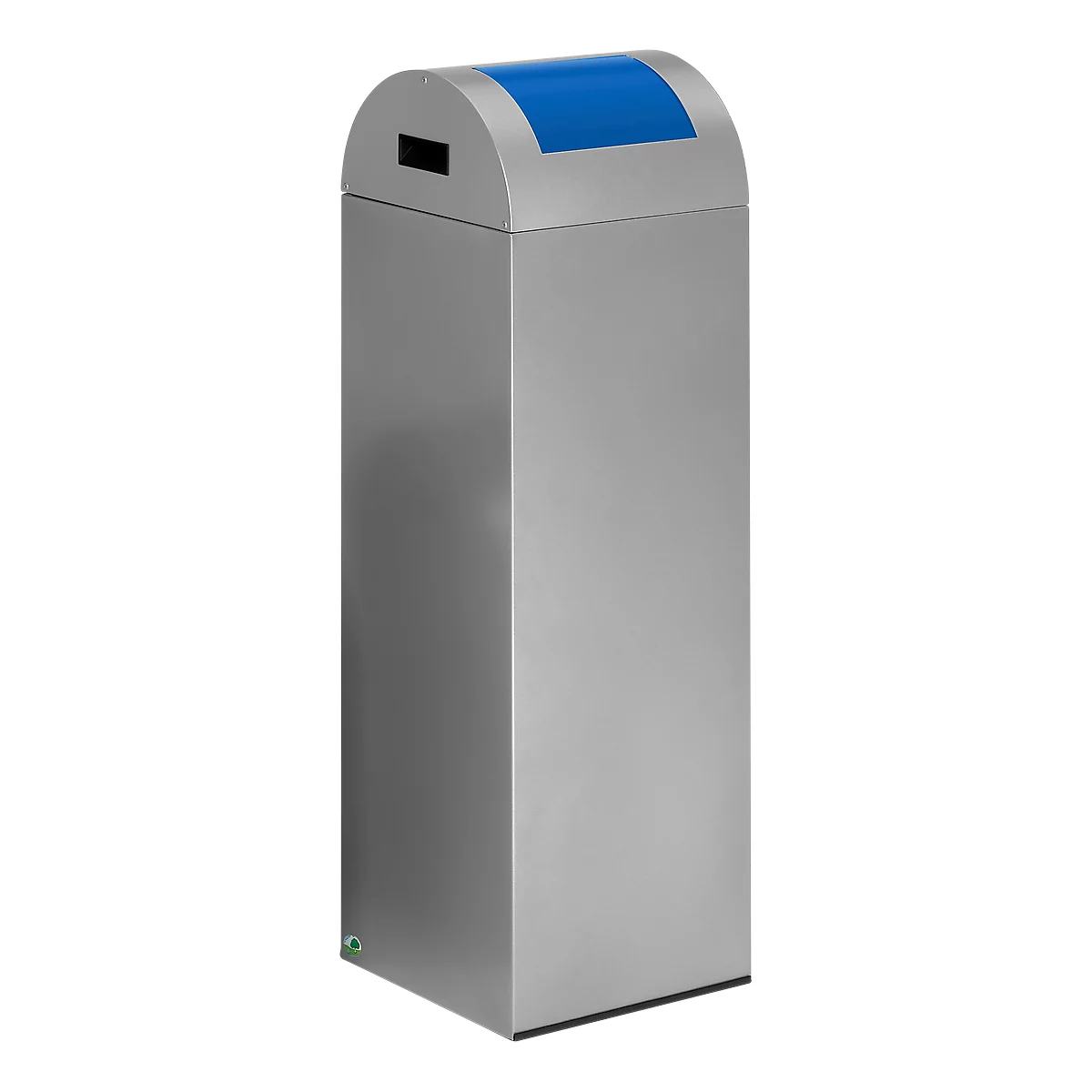 A rectangular metal container with a rounded top and a blue lid. An input slot is located at the top.