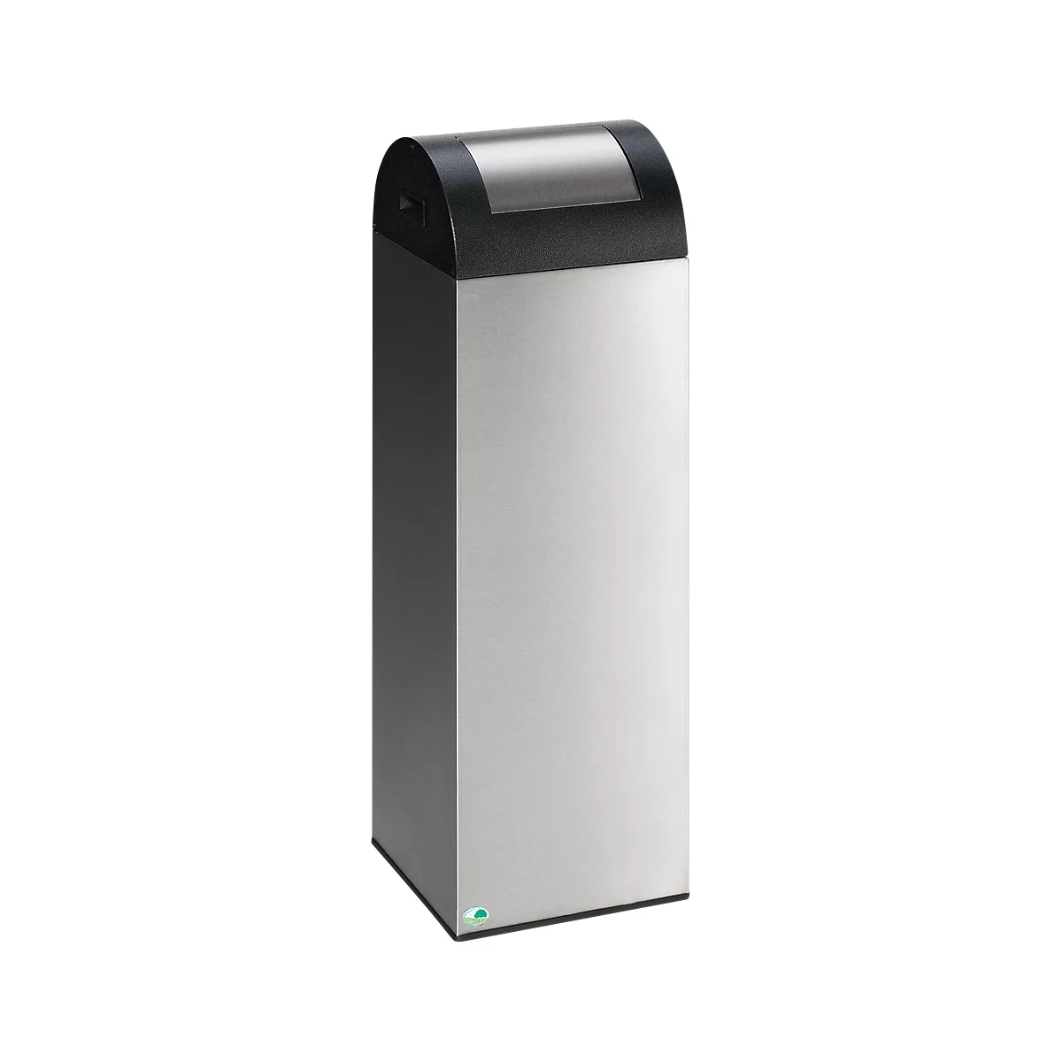 Tall, rectangular metal trash can with black lid. Top: narrow opening. Bottom: green logo.