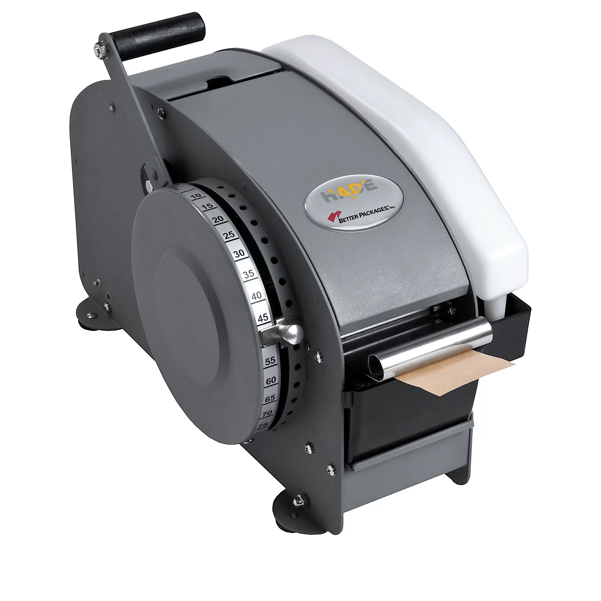 Gray tape dispenser machine. On the side is a dial with numbers. A piece of paper is sticking out of the machine.