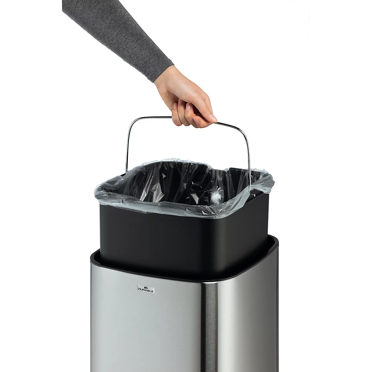 Sensor poubelle Durable No Touch, 35 l, pour l'intérieur, ouverture/fermeture automatique &amp; manuelle, couvercle amovible, seau intérieur, acier inoxydable, argent
