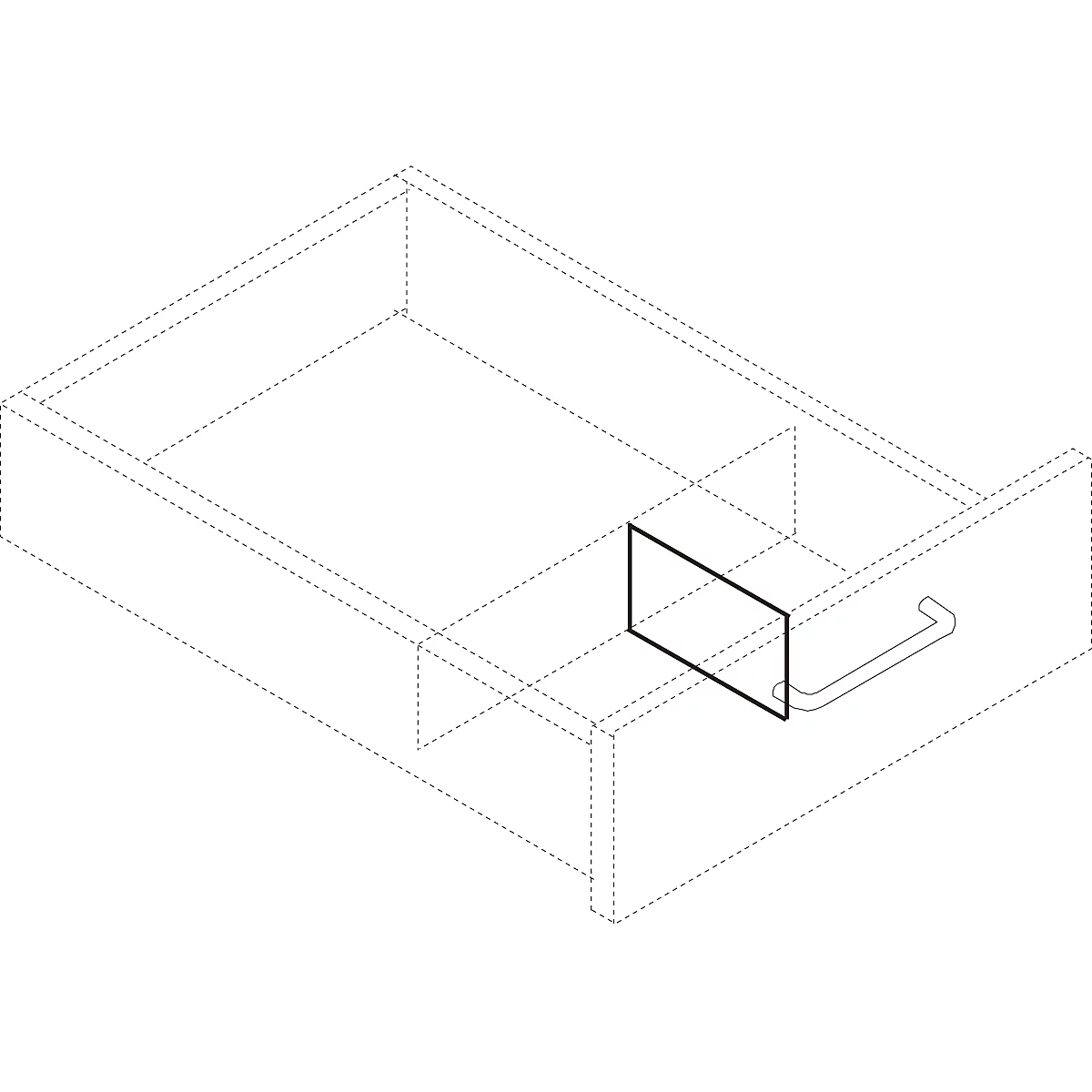 Un dibujo esquemático de un cajón. El asa y los contornos están representados por líneas negras.