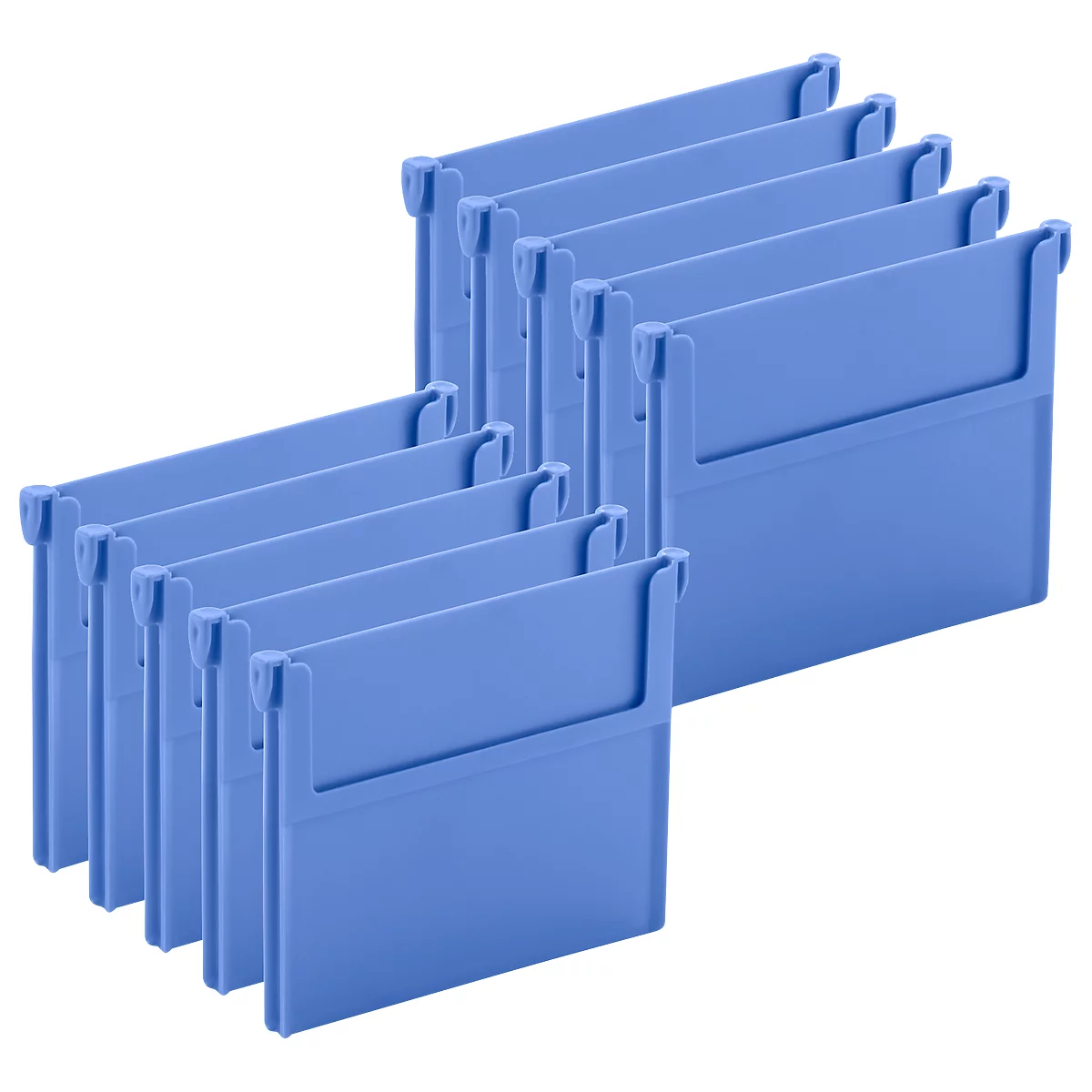 Organizadores de cajones azules, apilados, para organizar cajones. Rectangulares, con dos asas.