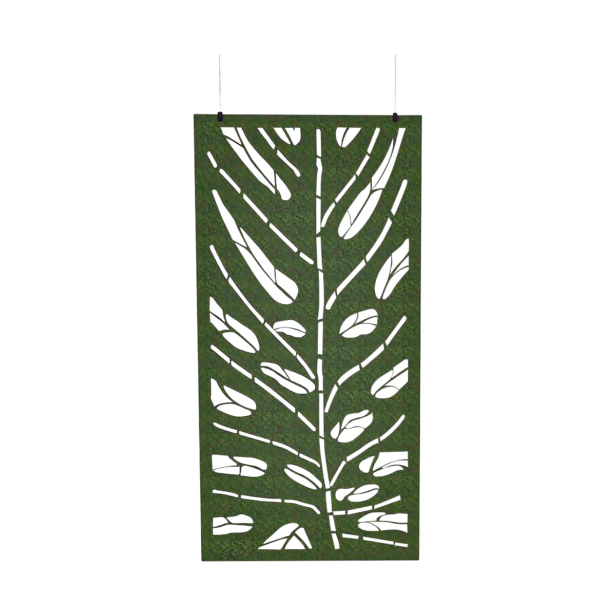 Panneau mural vert et rectangulaire avec un motif de feuilles découpées. Fixé en haut par deux cordons noirs.