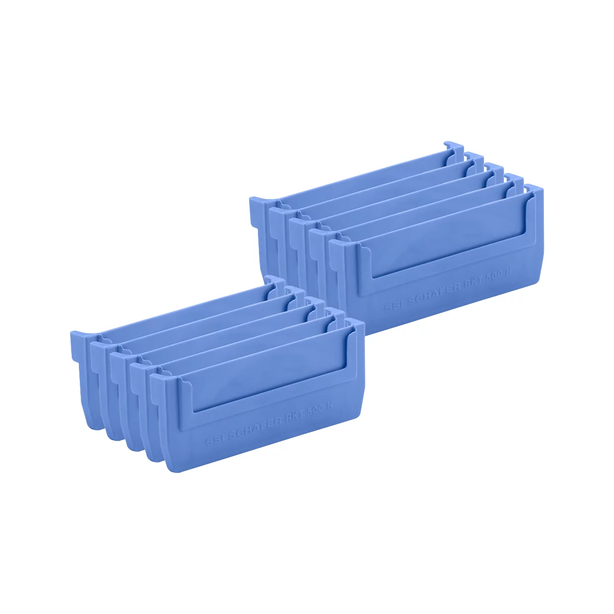 Blue plastic boxes stacked. Each box has four compartments and a handle.