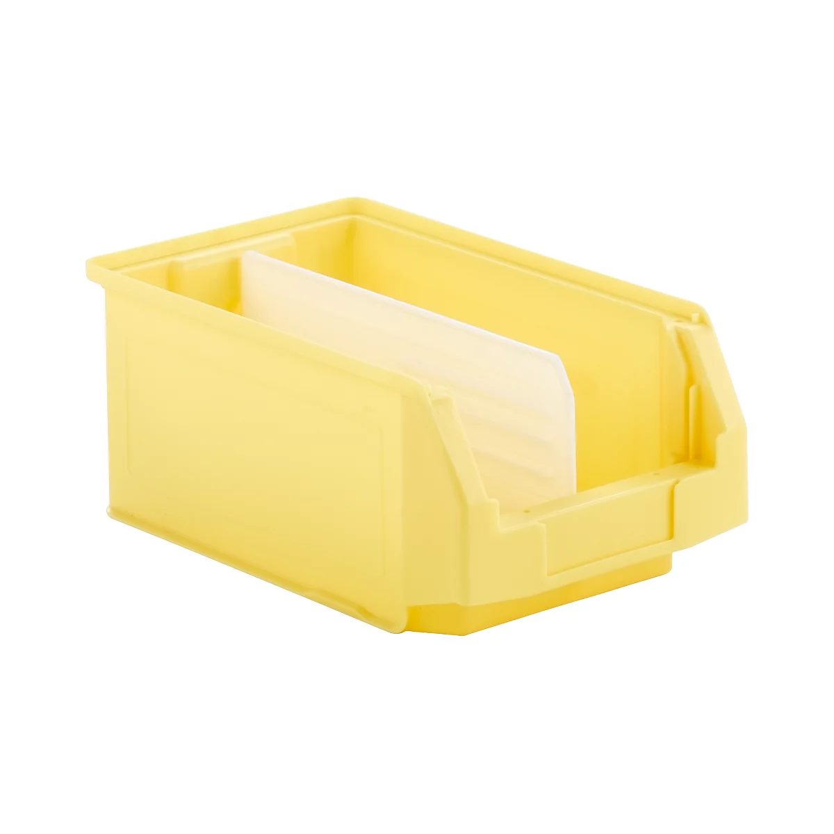Yellow, rectangular storage bin with a divider that splits the interior into two compartments.
