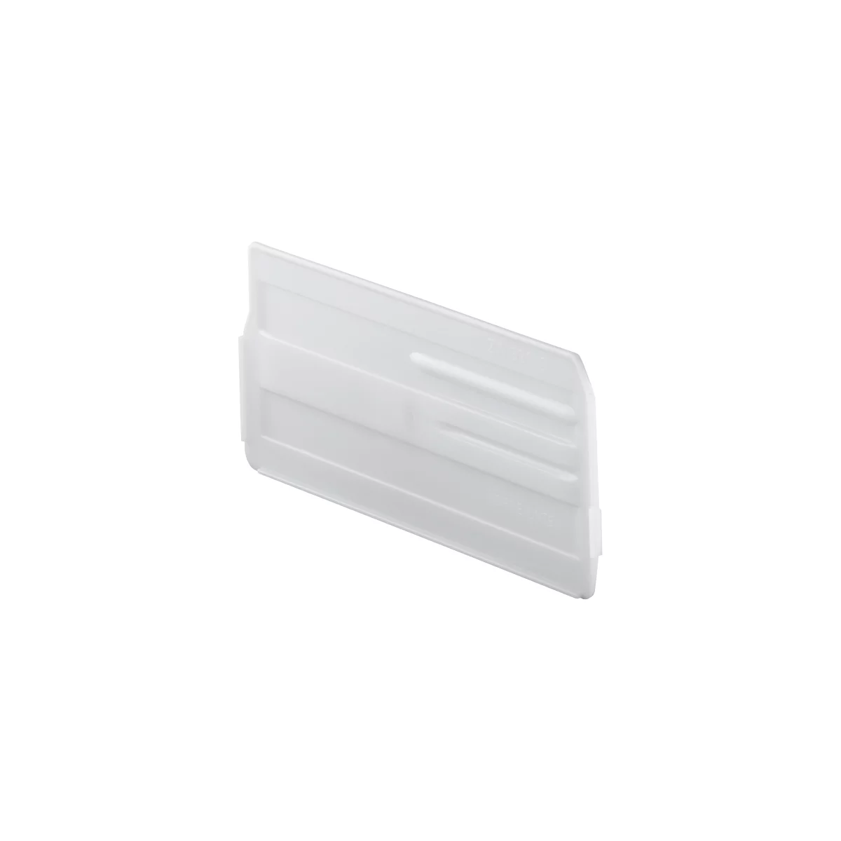 A white plastic part at an angle, with vertical grooves and writing. Inscription: TOP/UP.