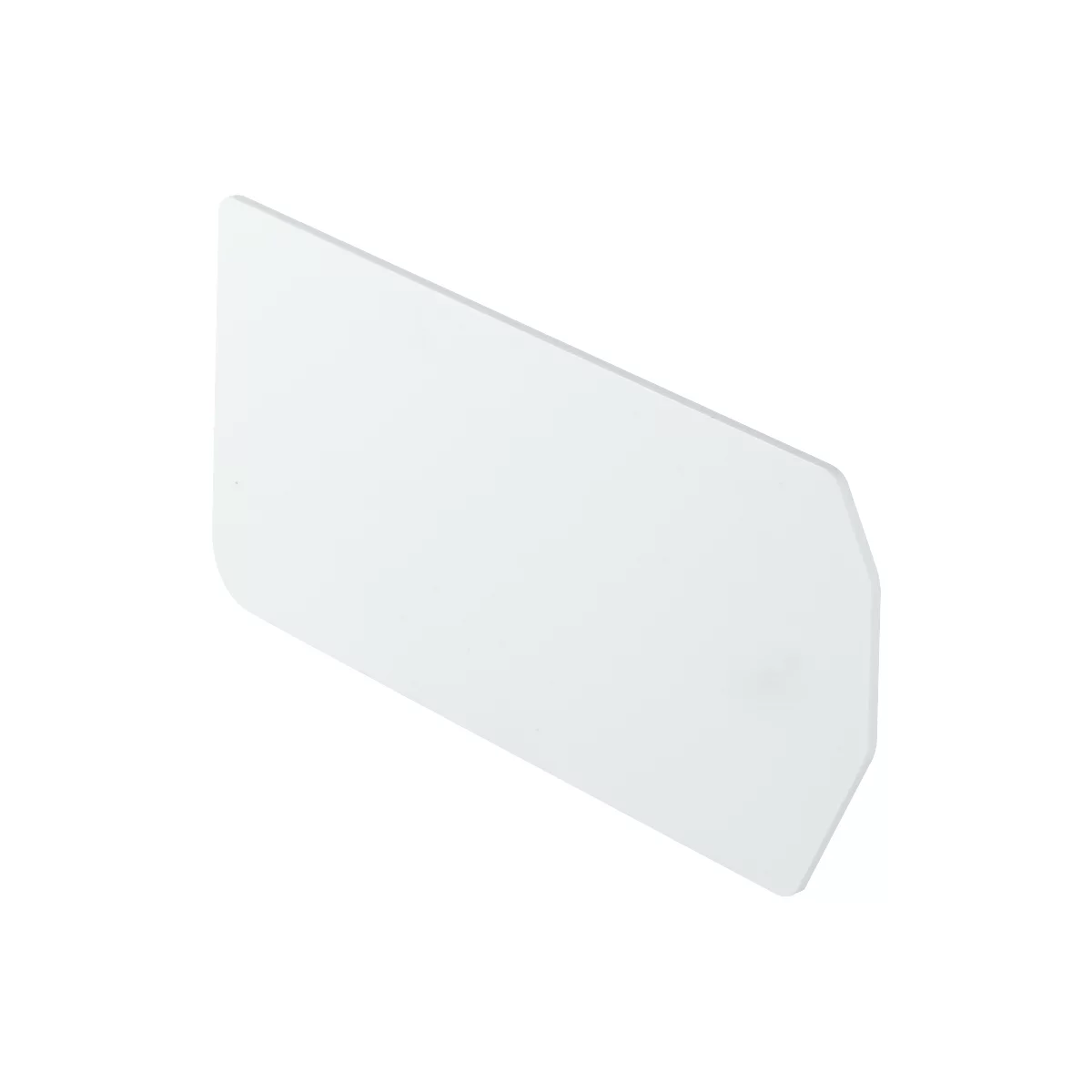 A white, transparent, arrow-shaped object. Rounded corner on the left, beveled edge. Right side with two angles.