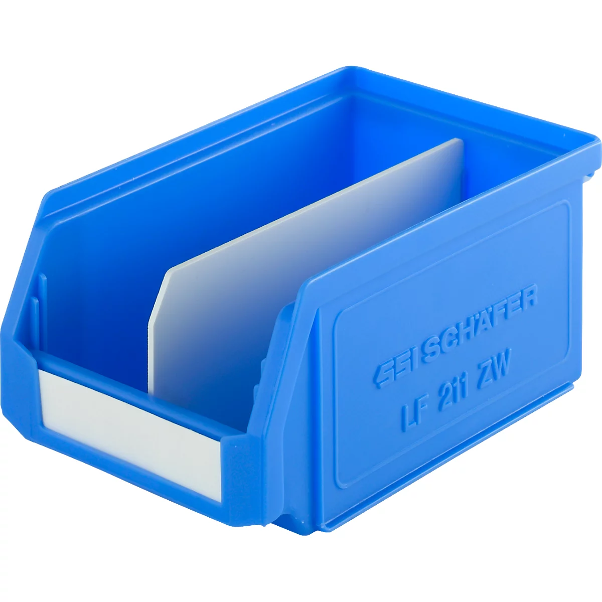 Blue plastic box with divider and label, inscription GE SCHÄFER LF 211 ZW.