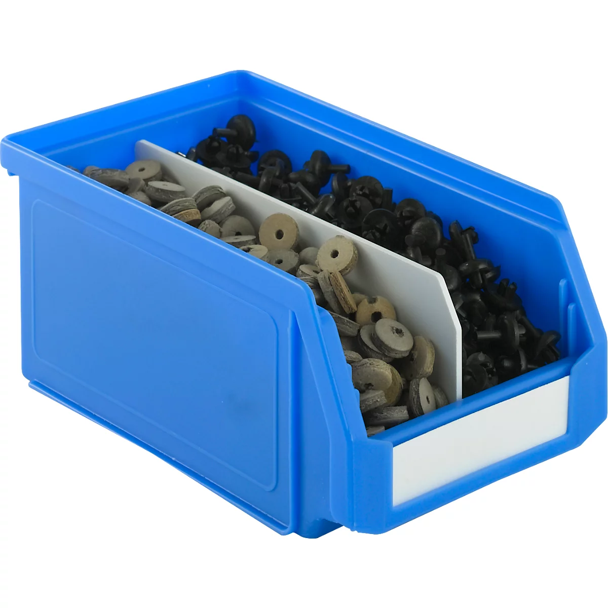 Blue sorting box with three compartments filled with various parts.