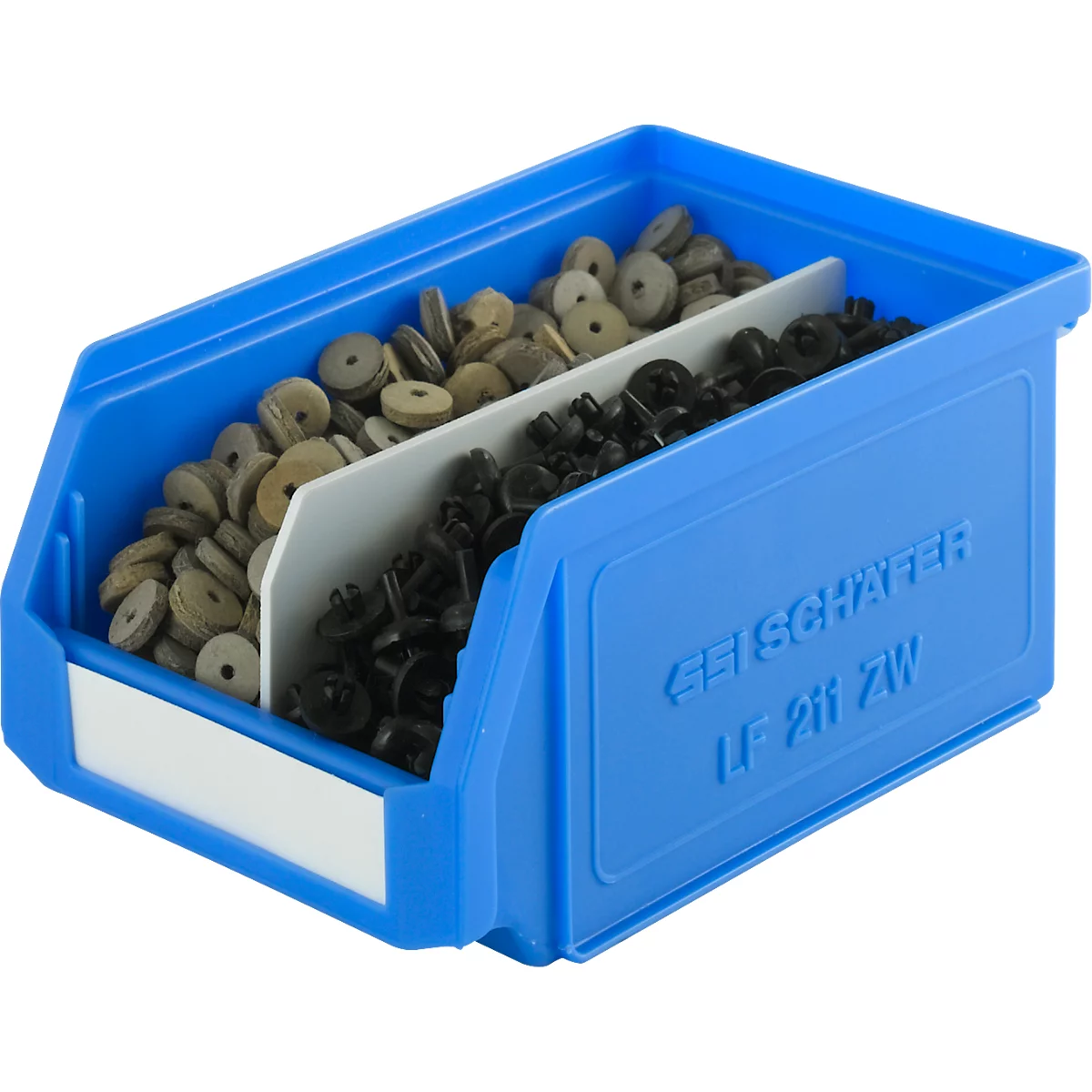 Blue plastic box with grey and black small parts, divided by white partitions. Print: GEISCHAFFER LF 211 ZW.